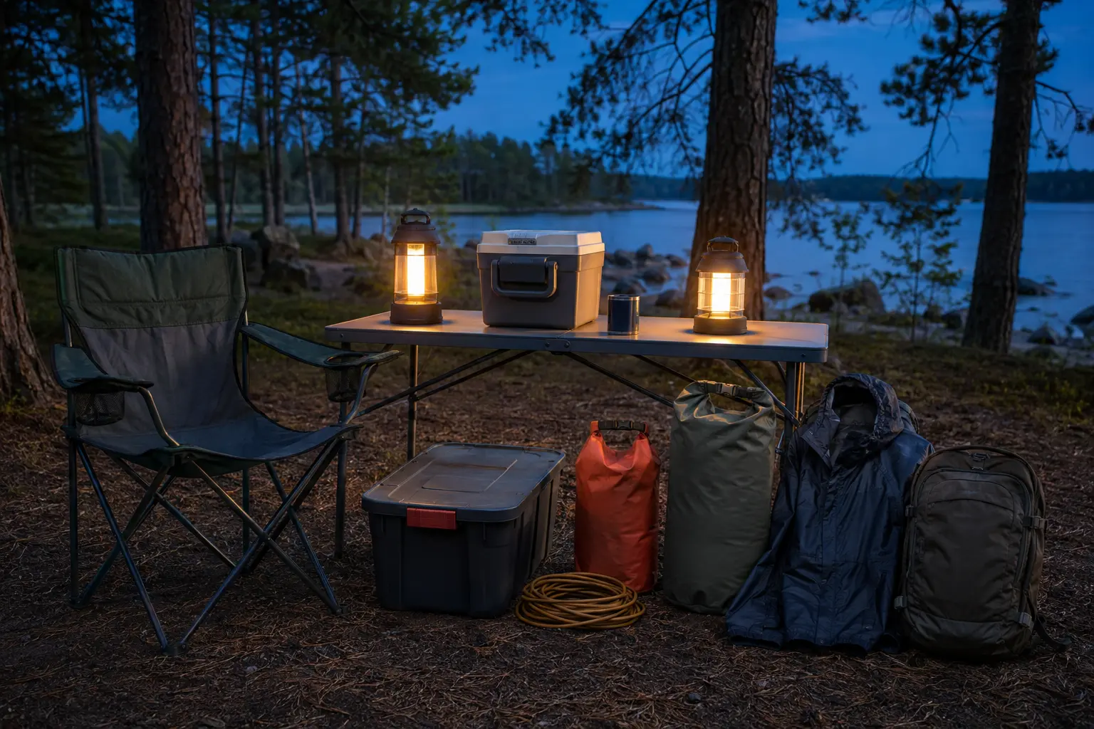 Organized campsite at blue hour with lanterns, cooler, dry bags, table and chair