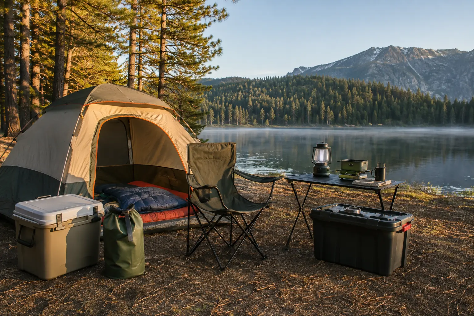 Comfortable lakeside base camp with a tent, chair, lantern, cooler and organized gear