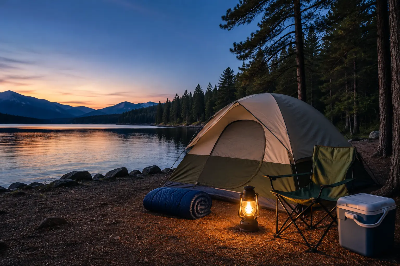 Tent, chair and lantern at a practical lakefront campsite