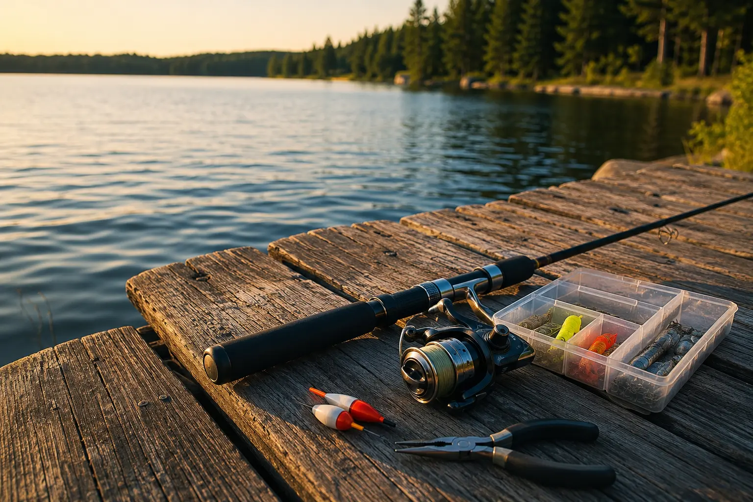 Organized freshwater fishing gear beside a mountain lake