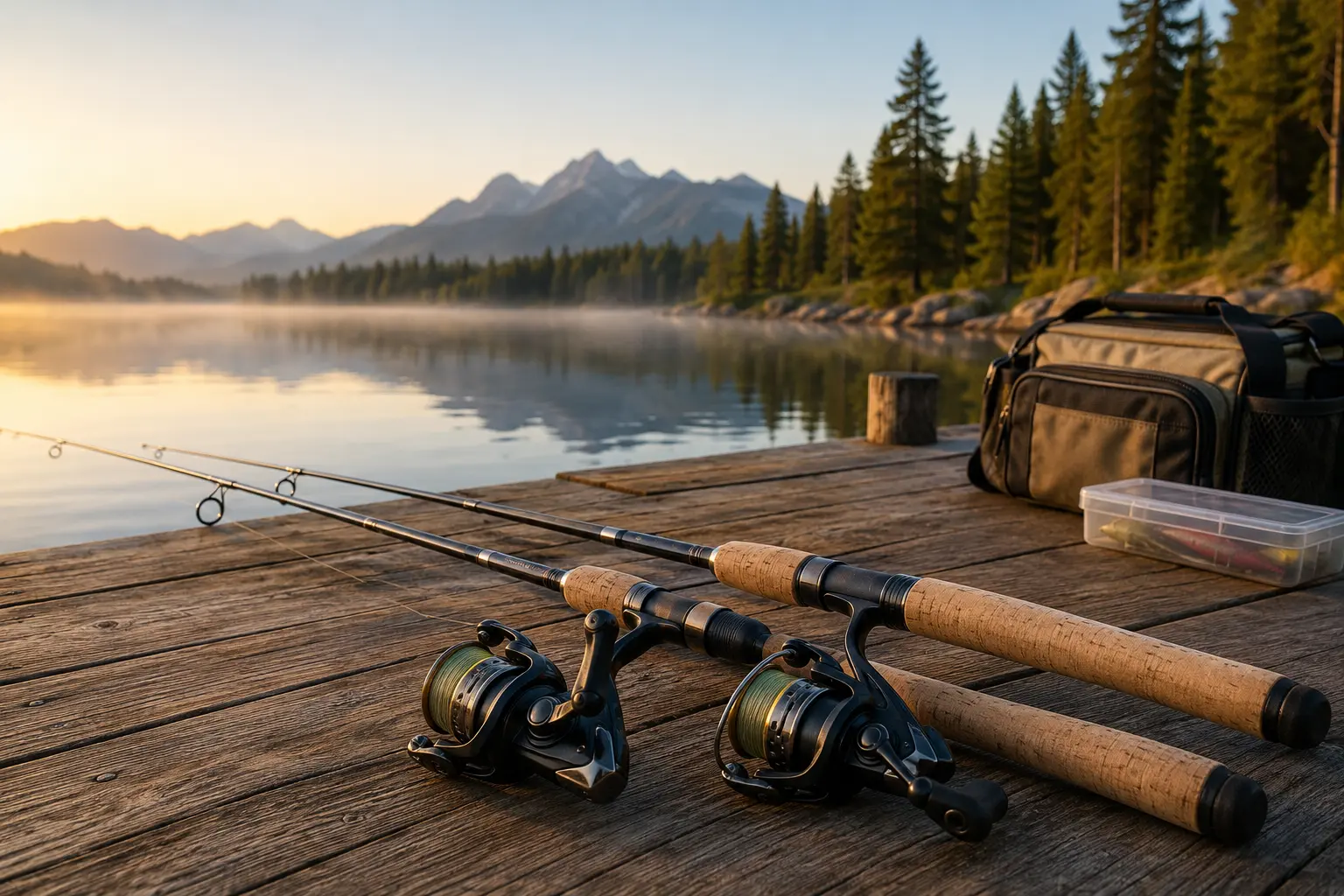 Two freshwater spinning rods and reels arranged on a lakeside dock at sunrise