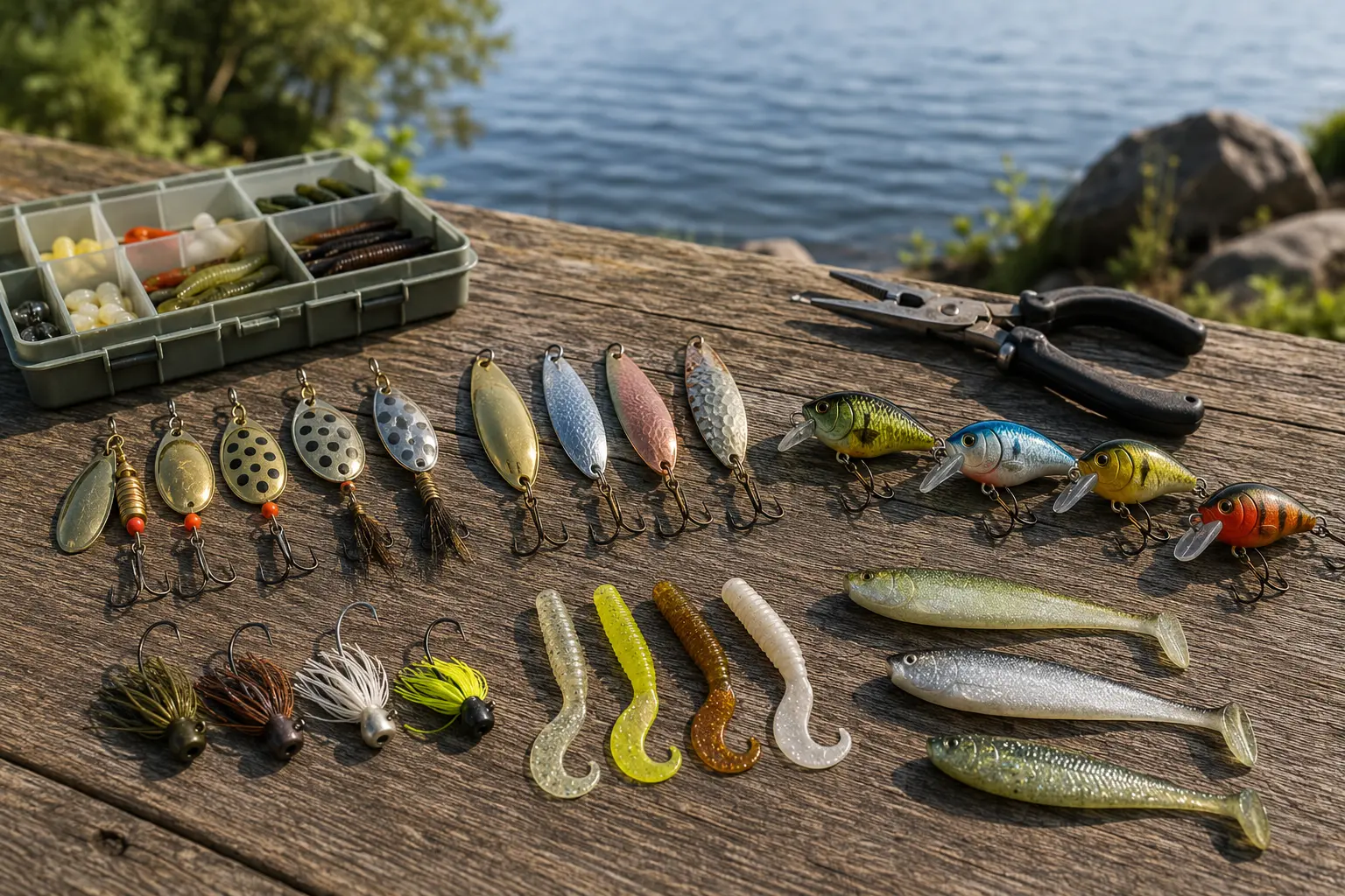 Organized freshwater spinners, spoons, crankbaits, jigs and soft-plastic lures beside a lake